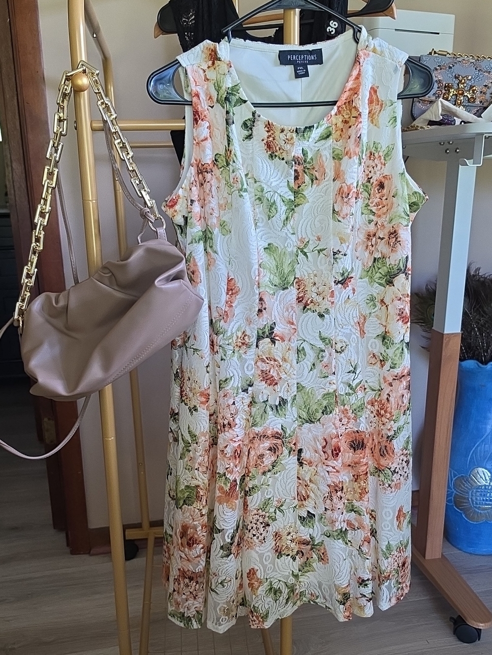 Perceptions White Floral Midi Dress with Peach and Green Accents